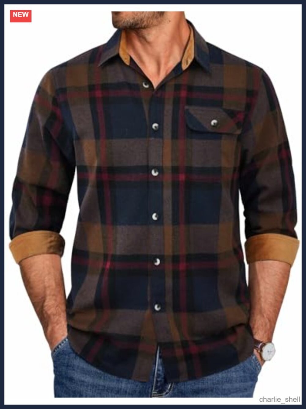 Mens Flannel Shirt Long Sleeve Button Down Plaid Casual Work Shirt Corduroy Cuff